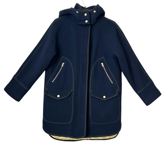 J. Crew Summit Parka Coat Italian Stadium Cloth Wool in Navy Gold Trim size 0 - Picture 3 of 14
